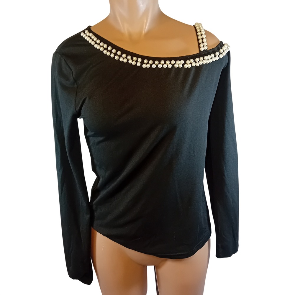 Chic Me Pearl Embellished Neckline Off Shoulder One Strap Top Going Out Goth L
